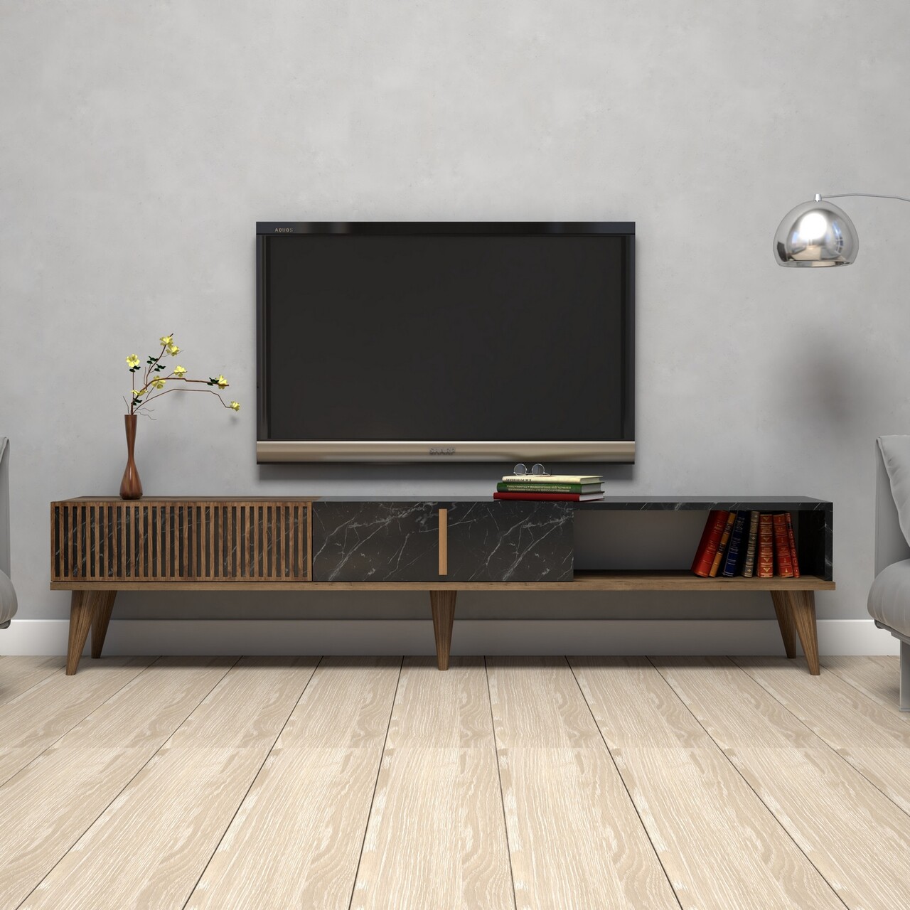 Comoda TV Milan, Hommy Craft, 180x35x40 cm, maro/negru - imagine 7
